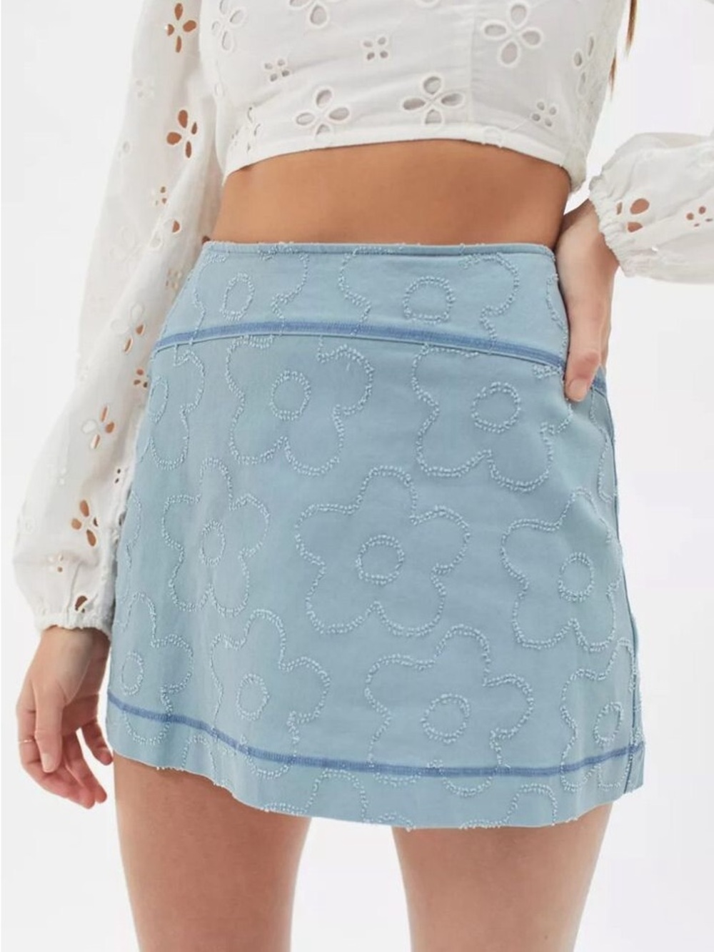 UO Embossed Floral Mini Skirt in Light Blue